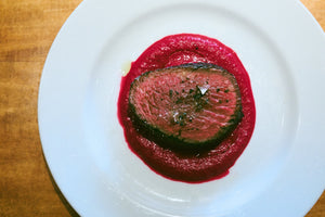 Beef rump steak with beet puree